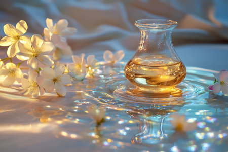 A glass jar filled with golden liquid is placed on a soft surface, adorned with blooming white flowers.の写真素材