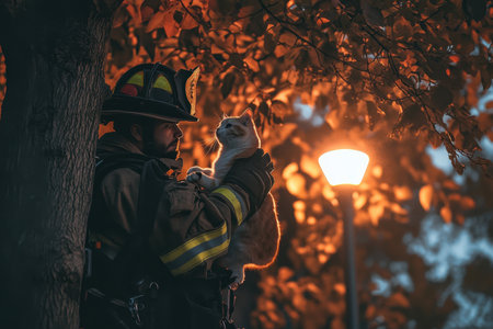 A firefighter holds a rescued cat, surrounded by fall foliage and illuminated by a street lamp at night.の写真素材