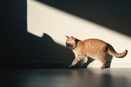 An orange tabby cat explores a sunlit room, its shadow stretching across the floor as it moves.の写真素材