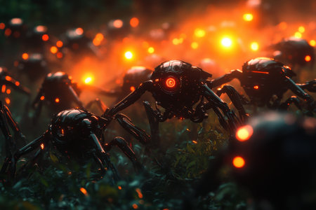A swarm of robotic creatures with glowing eyes navigates a forest during twilight.の写真素材