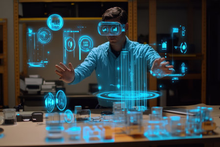 A technician wearing virtual reality gear interacts with glowing holographic displays in a lab environment.の写真素材