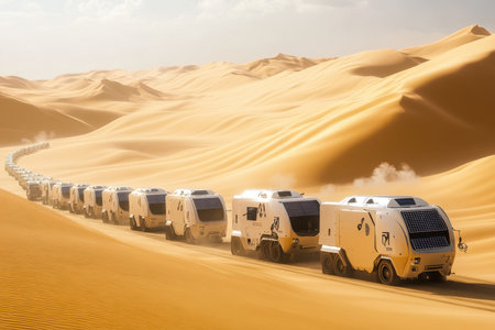 A convoy of futuristic vehicles navigates through endless sand dunes in a bright desert, showcasing advanced technology.の写真素材