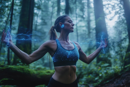 A woman stands with arms raised in a lush green forest, channeling energy and embracing nature's tranquility.の写真素材