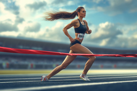 Athlete sprints powerfully towards the finish line while competing in a track event at sunset.の写真素材