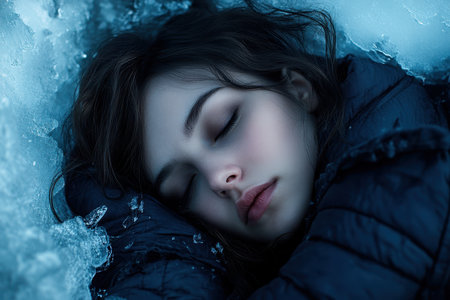 A young woman sleeps peacefully amidst ice and snow, showing the serene beauty of winter.の写真素材