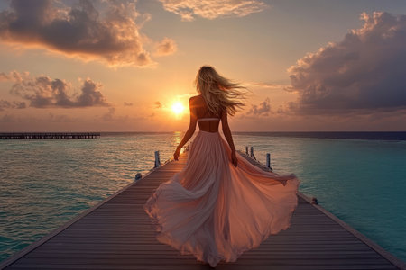 A woman in a flowing dress strolls down a wooden pier as the sun sets over the tranquil ocean waters and clouds.の写真素材