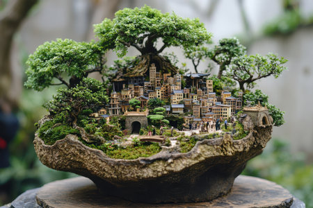 A miniature city on a mossy rock is surrounded by vibrant trees, creating a whimsical scene.の写真素材