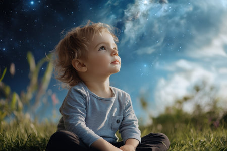 A little boy sits on grass, looking up in wonder at the starry sky filled with cosmic clouds.の写真素材