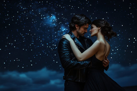 A couple shares a tender moment, surrounded by stars in a serene night sky. The atmosphere is intimate and magical.の写真素材