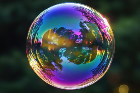 A vibrant soap bubble captures the beauty of trees and a sunset, showing stunning colors in nature.の写真素材