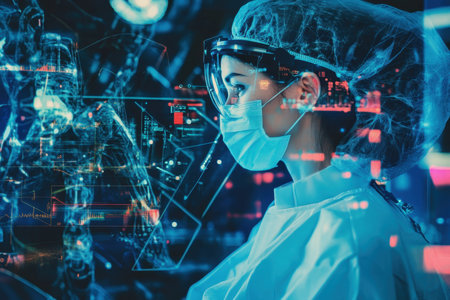 A scientist focuses on data analysis in a lab filled with advanced technology and equipment.の写真素材