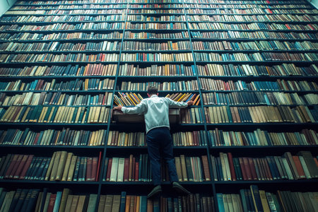 A person examines the tall shelves of a library, surrounded by numerous books of various colors and sizes.の写真素材