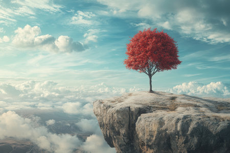 A vibrant red tree sits atop a rocky cliff, surrounded by a vast stretch of clouds and a serene blue sky.の写真素材