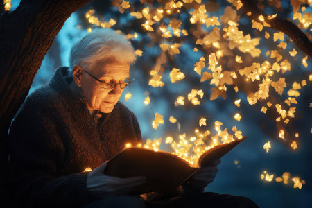 An elderly individual immersed in reading a book surrounded by glowing leaves in a mystical atmosphere.の写真素材