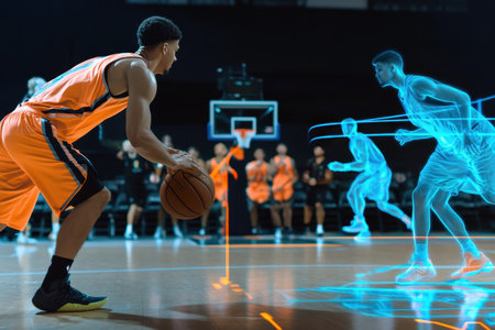 A basketball player in an orange uniform dribbles a ball while a hologram shows dribbling techniques.の写真素材
