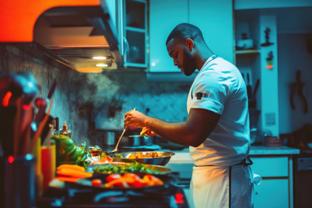 A chef focuses on cooking various ingredients while steam rises in a stylish kitchen at night.の写真素材