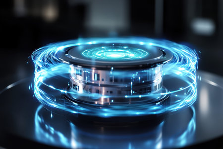 A dynamic energy device emits glowing blue light, creating an enchanting effect in a modern, high-tech setting.の写真素材