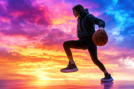 A young girl dribbles a basketball, poised to make a move, with a stunning sunset illuminating the sky.の写真素材