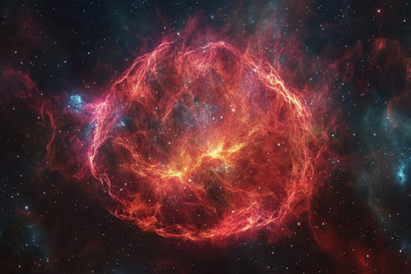 A brilliant nebula glows vibrantly in the dark expanse of space, showing swirling colors and cosmic elements.の写真素材