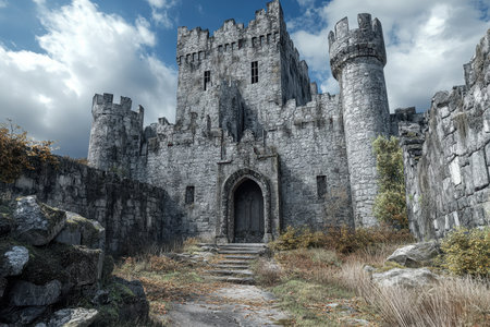 Ancient stone castle stands tall with multiple towers under a cloudy sky, surrounded by wild grass and rocky terrain.の写真素材