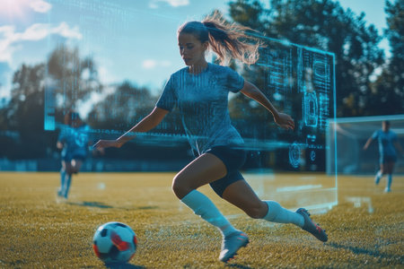 A young woman skillfully dribbles a soccer ball while digital data overlays enhance the action on the field.の写真素材