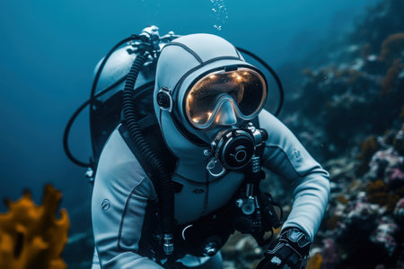 A diver navigates through a vibrant underwater habitat filled with marine life and colorful corals.の写真素材