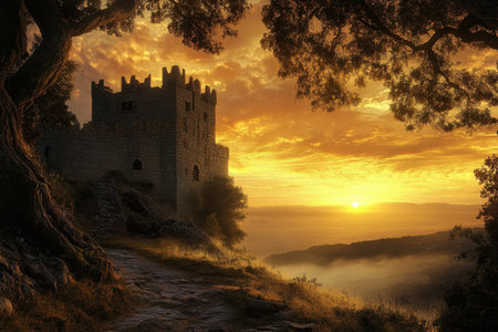 A castle stands in silhouette against a colorful sunset, surrounded by trees and a tranquil valley.の写真素材