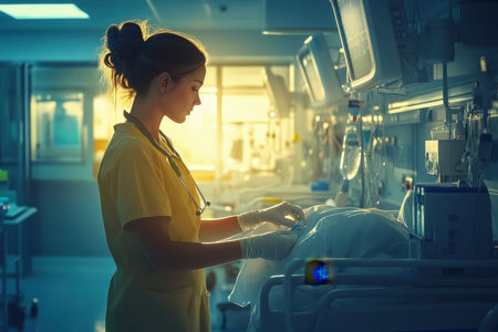 A healthcare worker meticulously tends to a patient in a hospital room bathed in warm, soft light.の写真素材