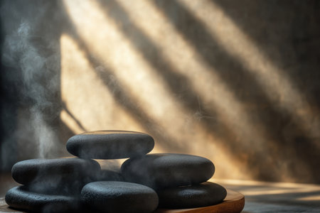 Smooth black stones are stacked together in a calming spa atmosphere, with gentle steam rising around them.の写真素材