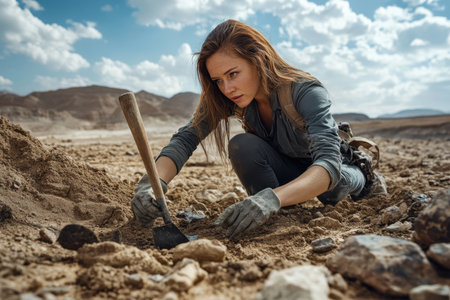 A woman kneels in a desert environment, carefully digging with a tool while searching for artifacts amidst rocks.の写真素材