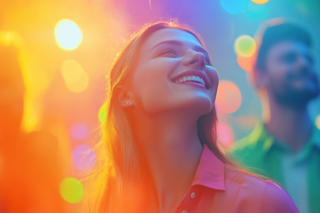 Woman smiles brightly in a lively atmosphere filled with colorful lights and joyful people during a party.の写真素材