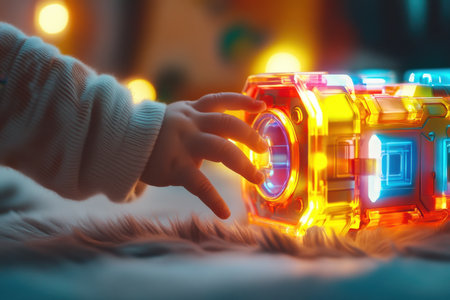 Soft evening light illuminates a baby reaching for a vibrant, glowing toy, creating a cozy atmosphere.の写真素材