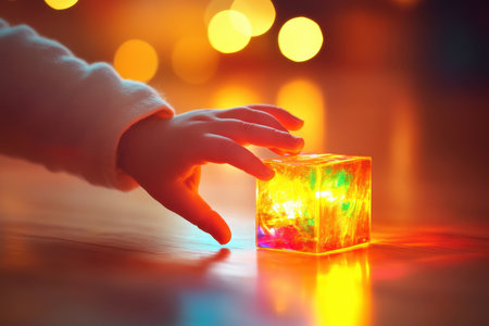 A young child's hand reaches for a luminous cube that emits vibrant colors, creating a magical atmosphere.の写真素材