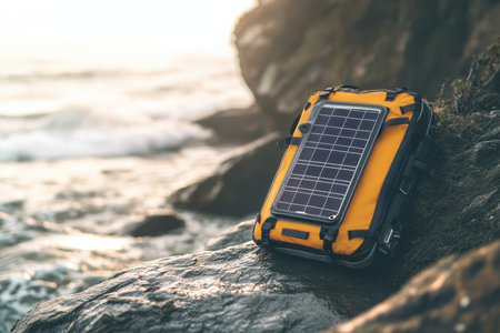 A solar charger sits on a rock next to the shoreline as waves crash gently at sunset.の写真素材