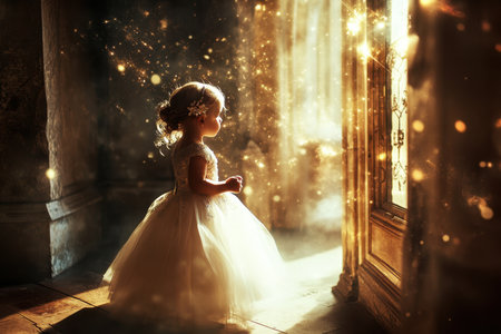 A young girl wearing an elegant dress gazes out of a beautifully lit window, surrounded by soft sparkling light.の写真素材