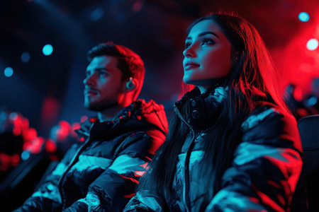 A couple in winter jackets watches the performance intently as colorful lights illuminate the venue.の写真素材