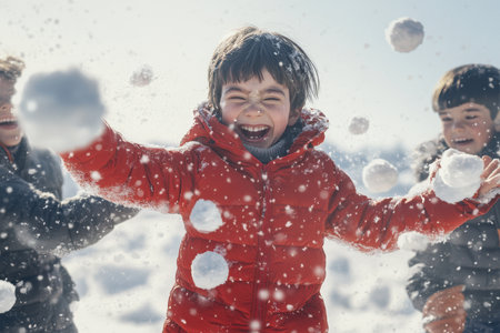 Three children play joyfully in the snow, throwing snowballs and laughing together on a sunny winter day.の写真素材