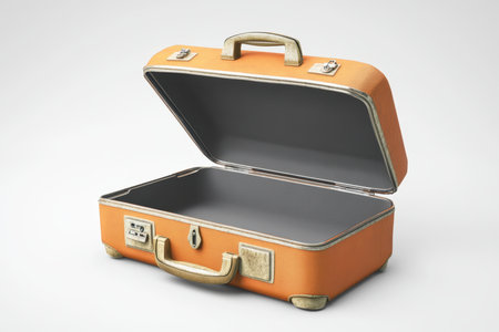 An open bright orange suitcase sits empty on a plain background, showcasing its interior and sleek design.の写真素材