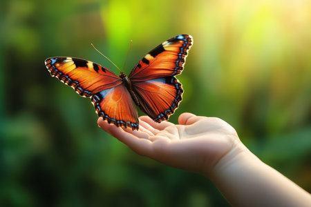 A colorful butterfly perches delicately on a child's hand in a lush green garden during daylight.の写真素材