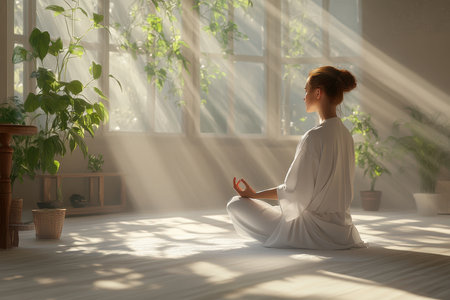 A woman sits cross-legged meditating in a sun-drenched room surrounded by vibrant greenery.の写真素材