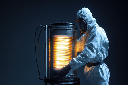 A person in a protective suit handles a glowing device, showing safety measures in a dim space.の写真素材