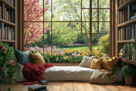A comfortable corner with cushions offers a clear view of blooming flowers and lush greenery outside.の写真素材