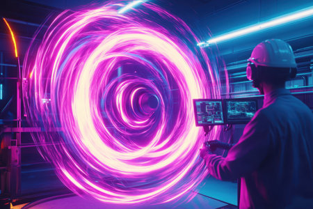 A researcher manipulates an illuminated energy vortex in a vibrant laboratory environment filled with technology.の写真素材