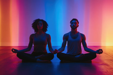 Two individuals sit cross-legged in meditation, surrounded by vibrant colored lights creating a serene atmosphere.の写真素材