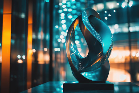 A captivating abstract sculpture sits in a stylish indoor area, surrounded by vibrant lights reflecting off glass.の写真素材