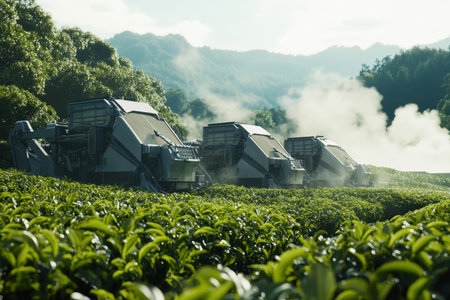 Heavy machinery processes tea leaves in expansive fields under clear blue skies and mountains nearby.の写真素材