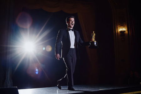 A man in formal attire walks excitedly on stage, holding a golden trophy, celebrating a significant win.の写真素材
