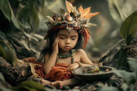 A young child sits peacefully among green foliage, wearing a vibrant headpiece and colorful attitude, deep in thought.の写真素材