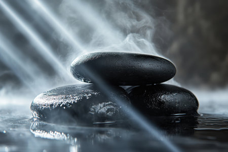 Three smooth black stones sit in calm water, illuminated by soft light piercing through the mist.の写真素材