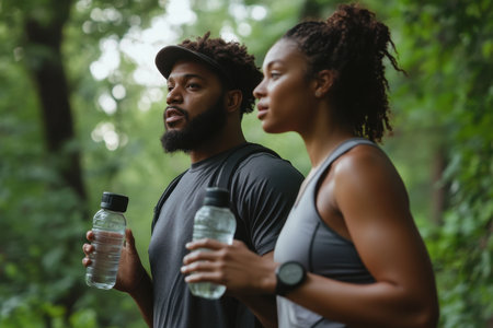Two hikers pause to hydrate while exploring a vibrant forest, enjoying nature's beauty and each other's company.の写真素材